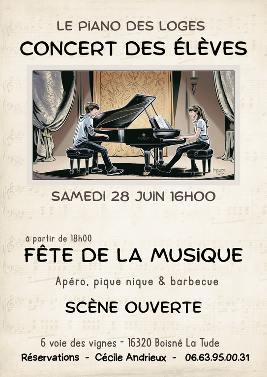 Concert d'élèves du piano des loges et fête de la musique le 28 juin 2025 cours de piano à domicile prof concert fete de la musique angoulême